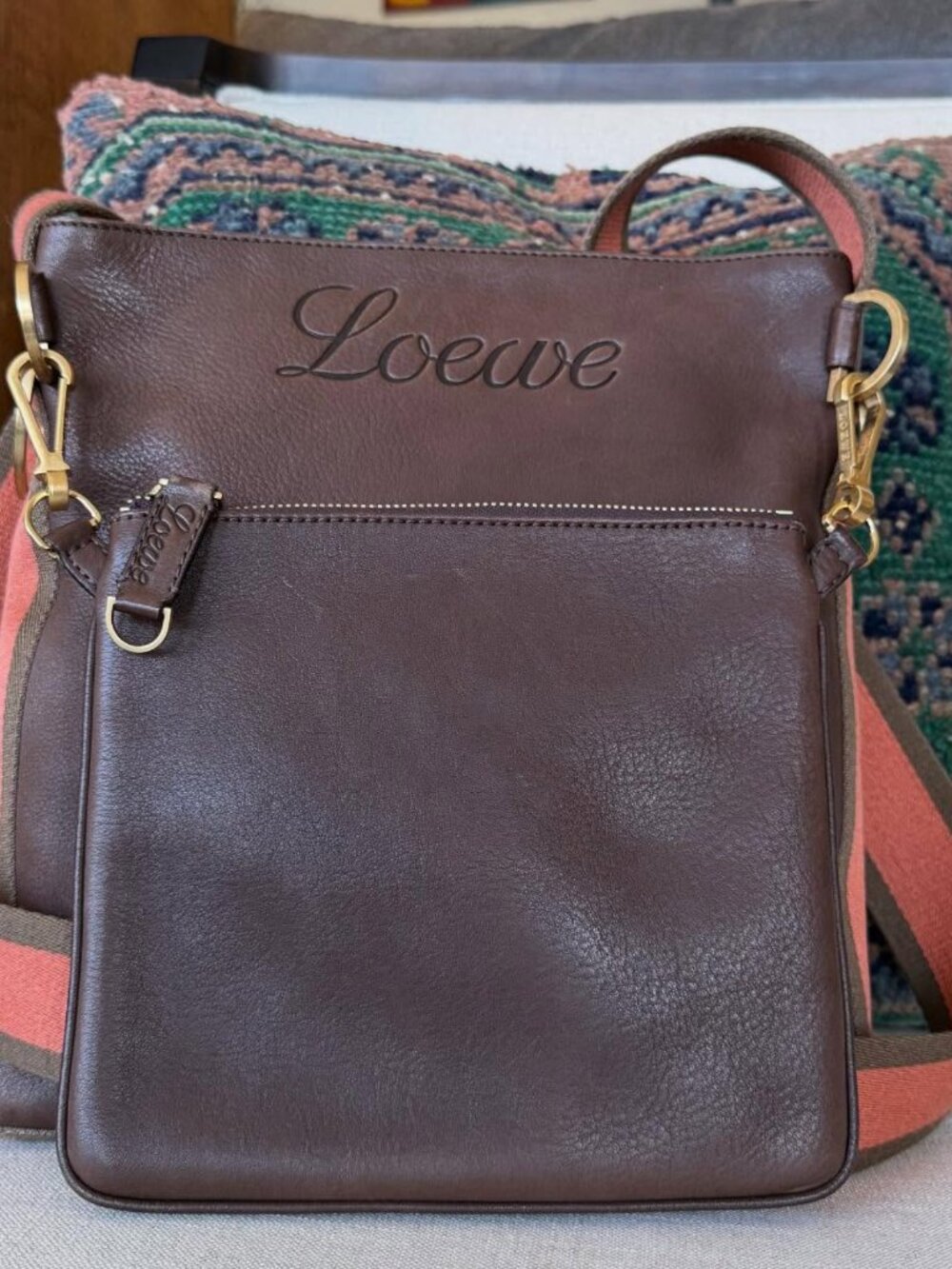 Loewe Mahogany Brown Leather Crossbody Bag with Detachable Pouch